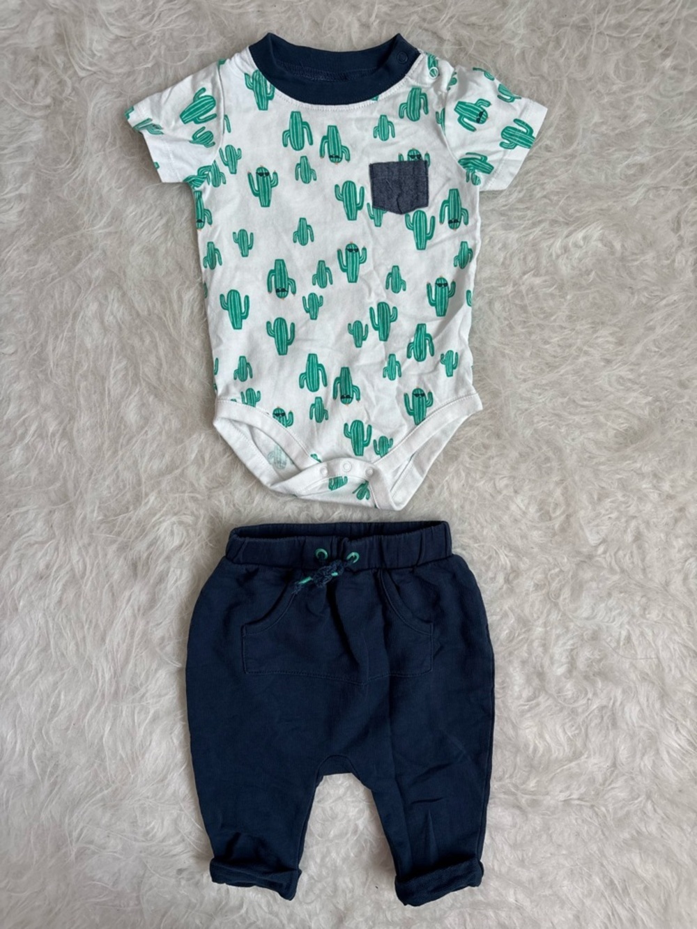 Gymboree Baby Boy White Bodysuit with Green Cactus Print & Navy Joggers